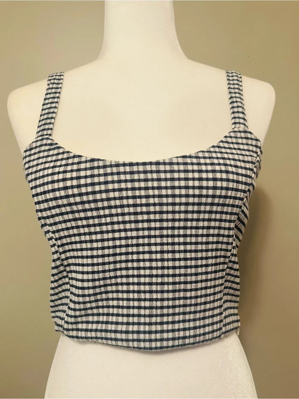NWT Navy Blue Gingham Square Neck Cropped Tank Top - Medium